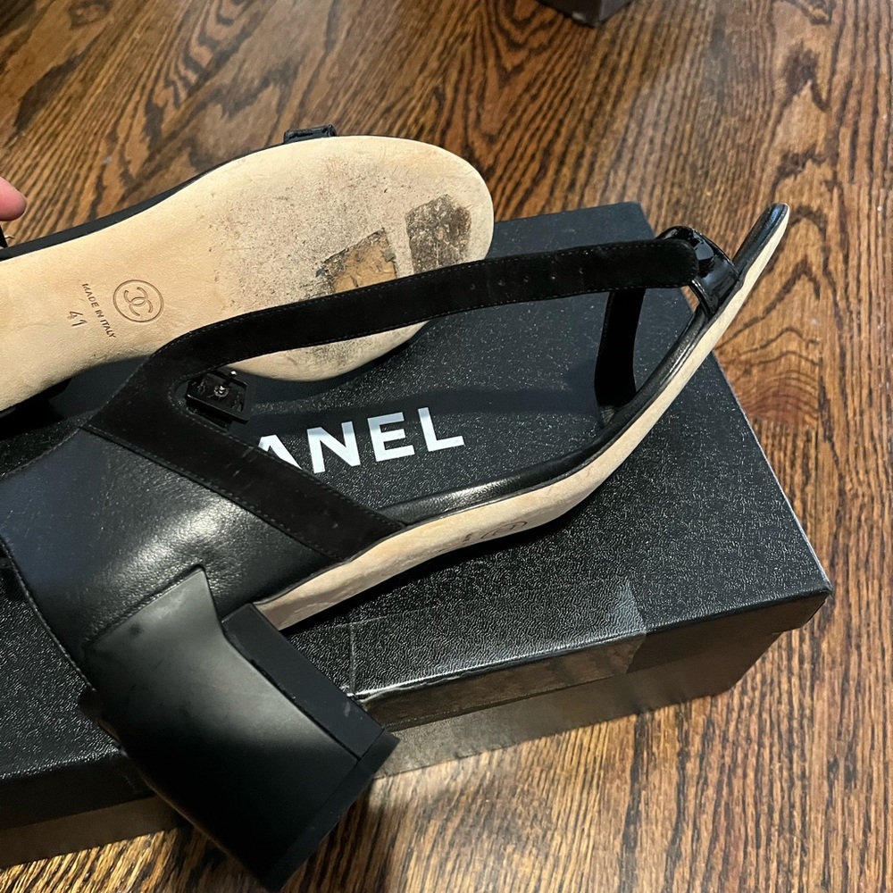 Chanel Sandals, size 41/9.5, 1.5 inch heel.  Worn once leather with suede strips